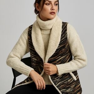 Bijorca Animal Print Knit Sherpa Open Vest Brown Tan Medium